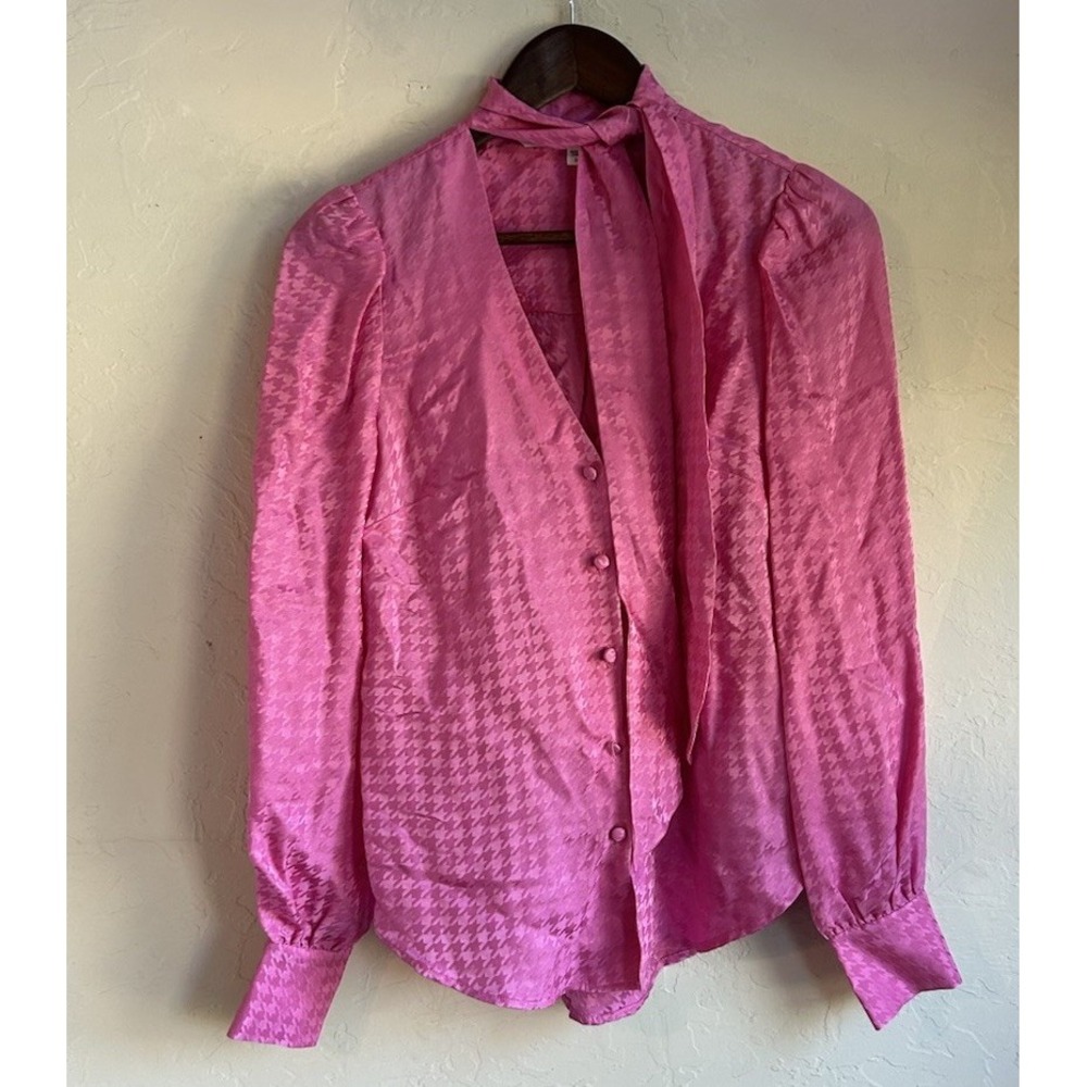 Veronica Beard Nicky Neck Tie Houndstooth Silk Button Up Top 0 Pink‎ Luxury